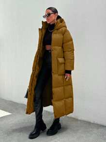 EURMUSE Hooded Buckle Belt Quilted Long Puffer Women's Down Coat With Gloves - Camel - View 5