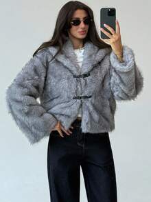 Aloruh 秋冬女式落肩长袖纽扣设计时尚宽松仿皮草夹克 - 棕色 - 查看 7