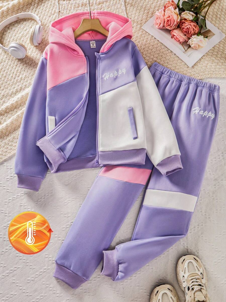 两件套少女秋冬保暖撞色连帽外套和运动裤套装，休闲百搭日常拉链套装 - 紫色 - 查看 1