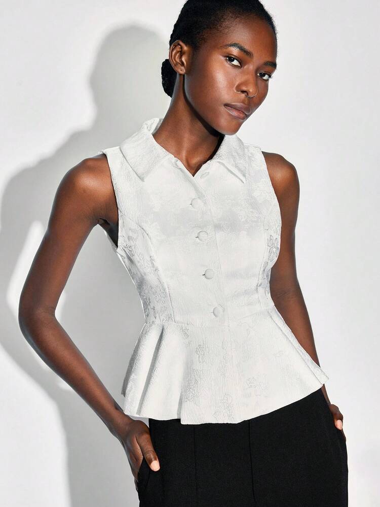 SHEIN Maija 2025 Elegant Woven Wave Hem Shirt Collar White Jacquard Women Top, Suitable For Early Autumn Back To School & Party Season White Sleeveless Top White Elegant Top White Blouse Elegant Sleeveless Blouse White Top For Women, Fall For Women, Winter For Women, Winter, Night Out, Going Out Tops Women, Night Out, Date Night, Old Money Style