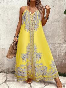 Linhara CURVE 大码女式宽松花卉印花吊带连衣裙，休闲度假装 - 芥末黃 - 查看 5
