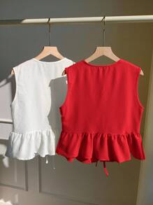Comfortcana 2pcs Women's Summer Vacation Shirts, Red + White Blouses Sleeveless Peplum Top
