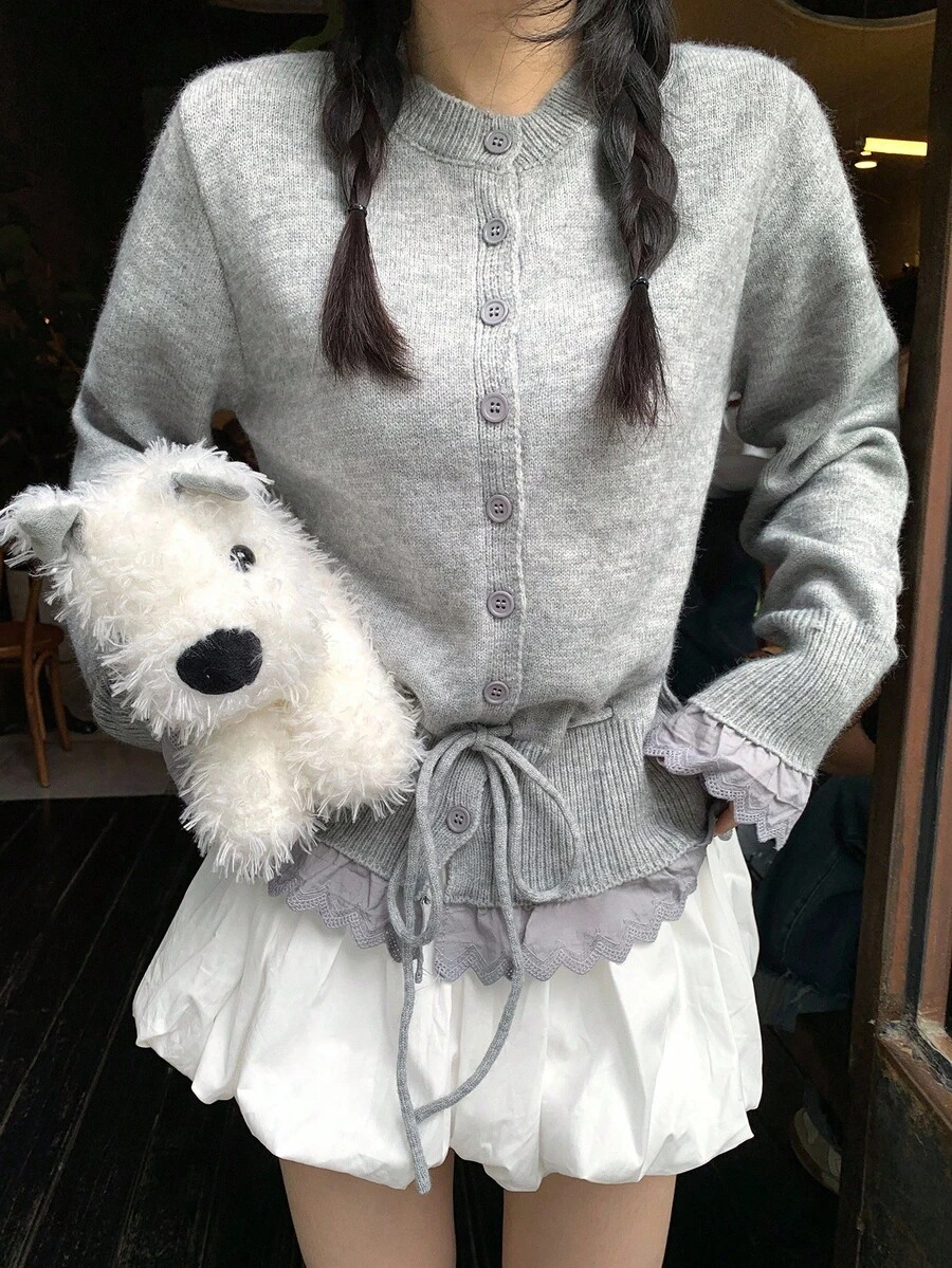 DAZY 女式圆领抽绳下摆和袖口蕾丝拼布休闲开衫夹克秋冬