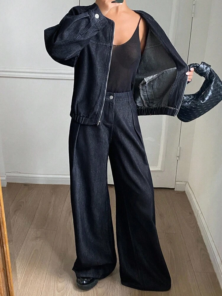 Women's Round Neck Elastic Waist Jacket Top And Loose Wide Leg Pants 2 Pieces Set, Casual