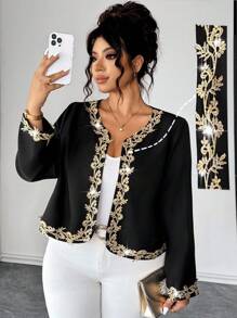 Elenzga Women Plus Size Black Jacket Blazer,Gold Lace Trim,Elegant Formal Evening,Autumn Long Sleeve Round Neck,Work Business Casual Party Fashion Events - Black - View 1