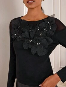 Lilora Bluză elegantă pentru femei, cu imprimeu floral 3D, pentru navetiști - Negru - Vizualizare 6