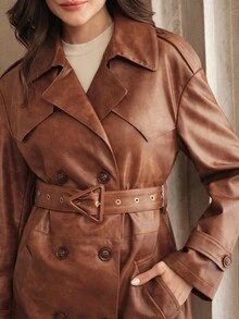 Anewsta Abrigo minimalista y elegante de mujer de doble botonadura, marrón y brillante, de longitud media. Chaqueta cortavientos para mujer, otoño/invierno - Café integral - Ver 5