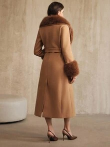 女士秋冬长款人造毛领可拆卸腰带修身休闲外套 - 駝色 - 查看 7
