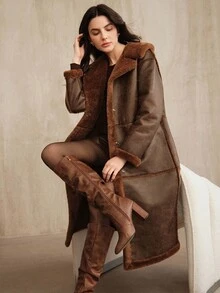 Anewsta Women's Faux Fur Collar Zip-Up Long Casual Urban Fashionable Jacket, Autumn/Winter - Brown - View 1