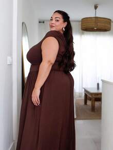 Pretty and Ole 大码女式优雅超级百搭弹力面料黑色或日常穿着、派对、露肩、大码女式、A 级连衣裙、女士生日连衣裙 - 咖啡棕 - 查看 4