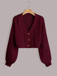 White Lantern Sleeve Button Front Rib Knit Cardigan