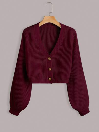 White Lantern Sleeve Button Front Rib Knit Cardigan