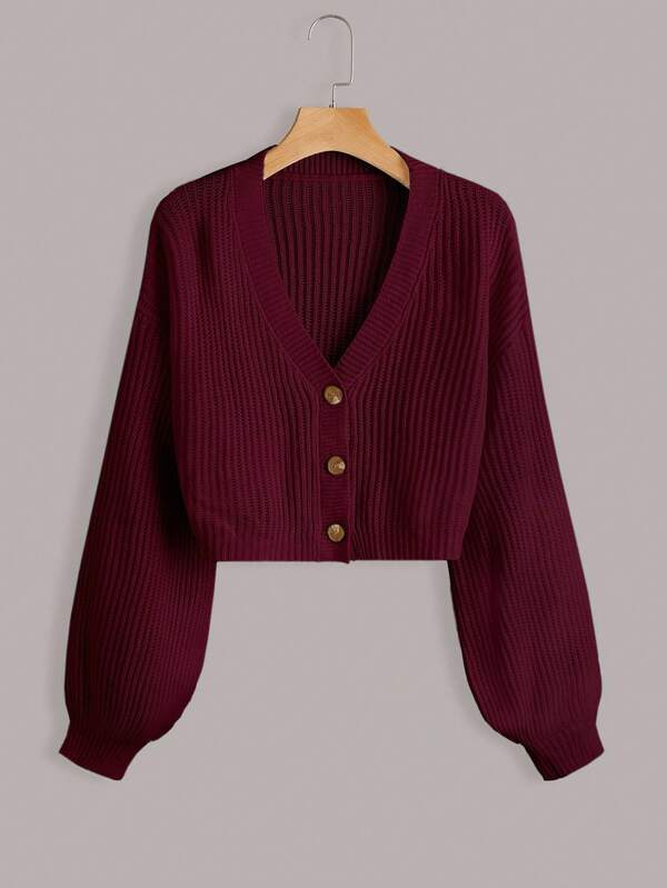 White Lantern Sleeve Button Front Rib Knit Cardigan