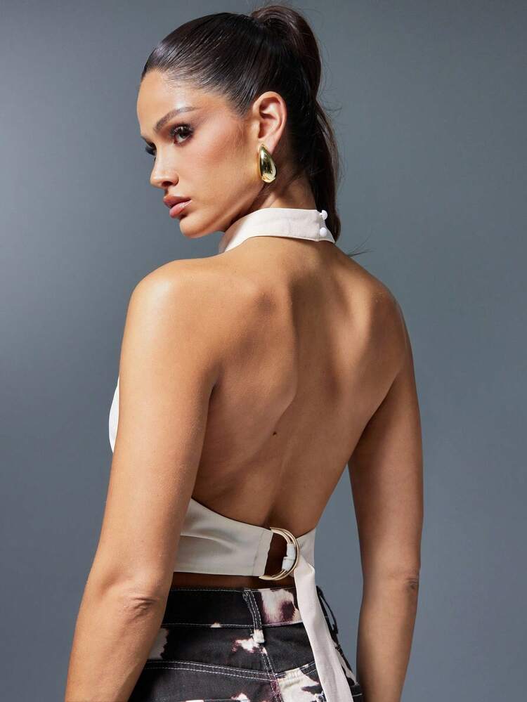 Denimoi 露背可调节肩带挂脖上衣 - 杏色 - 查看 1