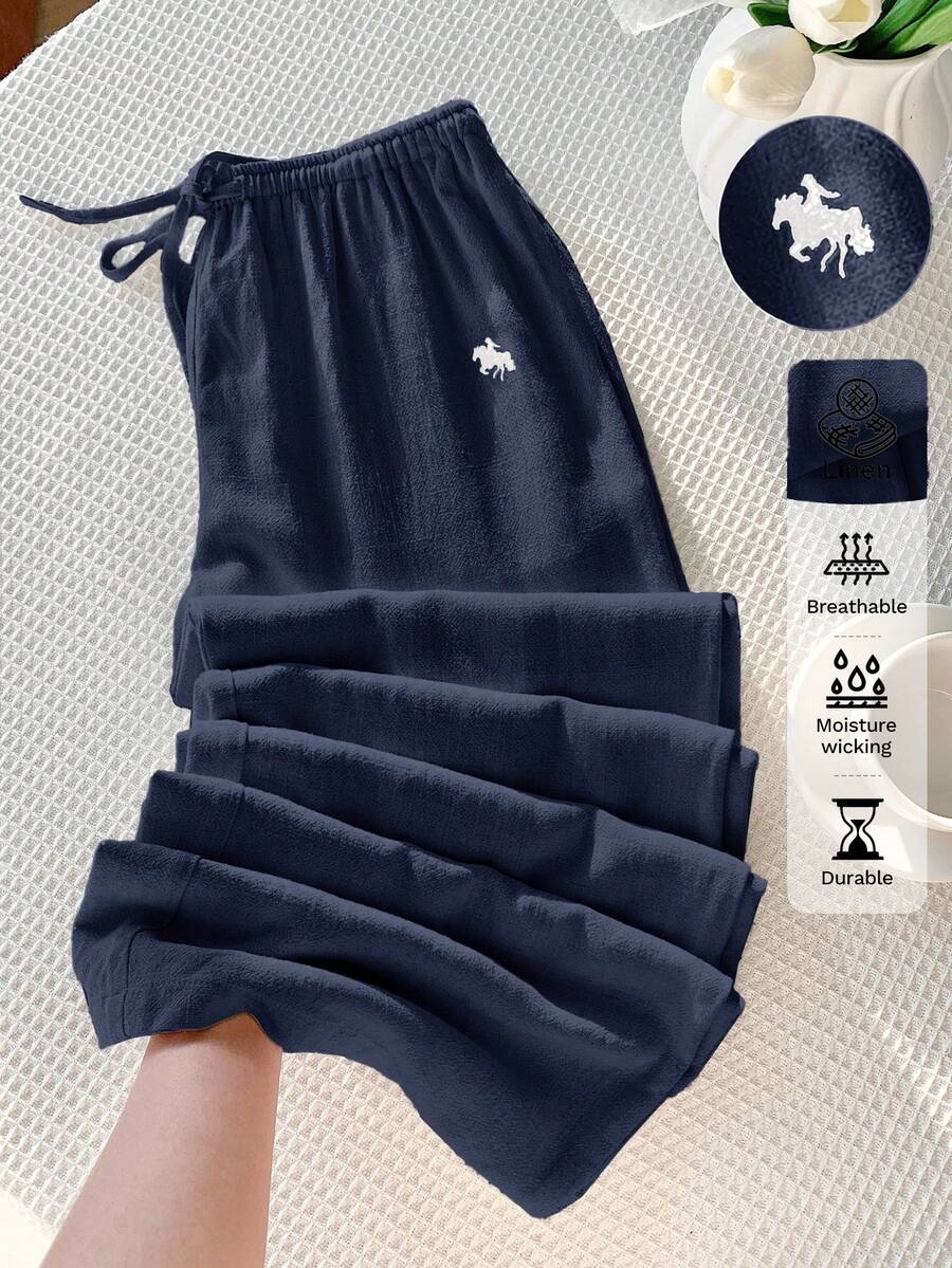 Comfortcana Quần ống rộng thêu họa tiết vải lanh xanh navy dành cho nữ - Màu xanh hải quân - Xem 1
