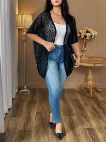 Elenzga Áo khoác tay cánh dơi viền ren 3D cỡ lớn cho nữ - màu đen - Xem 6