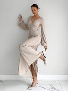 Siren Gaze Women's Autumn/Winter New Textured Deep V-Neck Lantern Sleeve Split Hem Fitted Dress Elegant