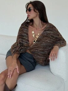 Aloruh 女式复古条纹扭结长袖套头衫，秋冬 - 棕色 - 查看 7