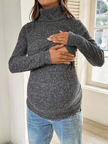 SHEIN 孕妇高领长袖休闲百搭哺乳上衣 - 灰色 - 查看 8