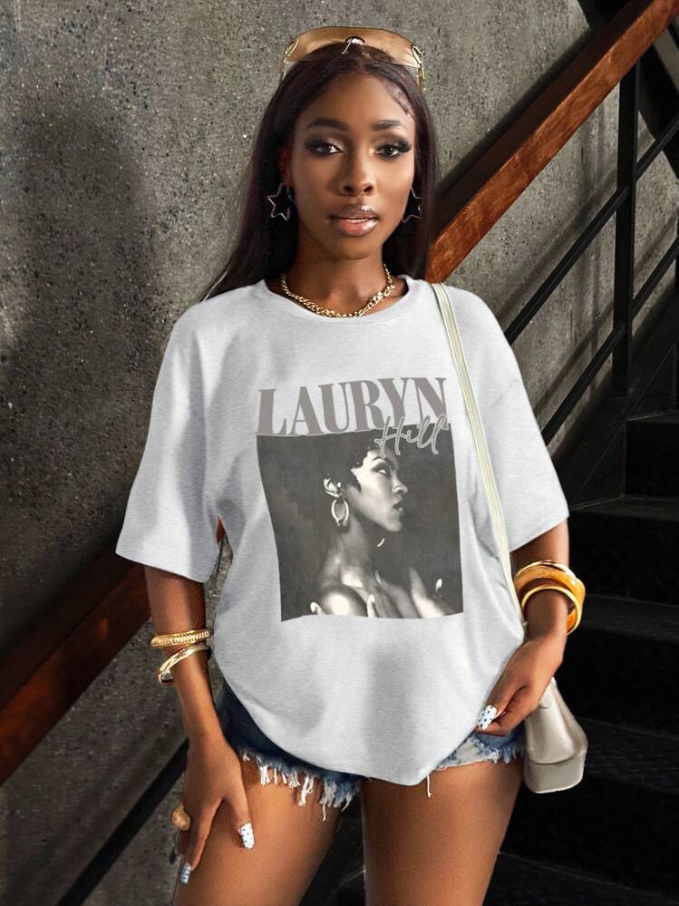 INAWLY Solva Women's Casual Short Sleeve Letter & Portrait Print Round Neck T-Shirt - Grey - View 3