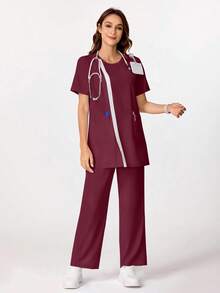 TaskEZ Lace Patchwork Casual Loose Multi-Pocket Top & High Waist Straight Leg Pants Scrub Uniform Set - Burgundy - View 3