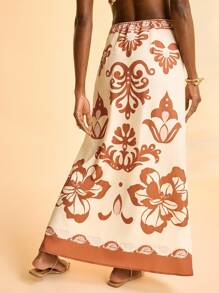 CAJUNI Chân váy chữ A dáng đứng in họa tiết Bohemian màu nâu đế màu mơ dành cho nữ, thích hợp cho kỳ nghỉ, bãi biển, hẹn hò, ngày lễ - Nhiều màu - Xem 2
