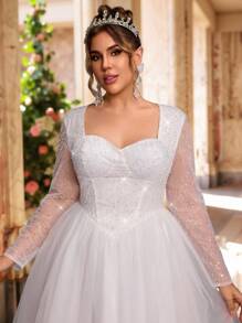 SHEIN Belle Plus Size Summer And Autumn Elegant Romantic Gorgeous White Sequins Embroidery Splicing Mesh Sweetheart Neck See-Through Long Sleeves Splicing Puffy Skirt Suitable For Dinner Bachelorette Party Dating Dance Vacation Graduation Season Homecoming Season Birthday Wedding Event Bride Gift Dress Guest Dress All White Party Outfit Women
