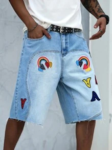Manfinity EMRG Men's Denim Shorts With Wide Legs And Fun Dopamine Logo, Suitable For Parties And Music Festivals - Light Wash - View 3