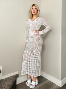 Sweetina 2pcs Fall Women's White Sheer Long Sleeve Sexy Knit Sweaters Solid Color Hollow Out Raglan Sleeve Single-Breasted Knitted Cardigan And Fitted Knitted Skirt 2 Pieces Set - Beige - View 5