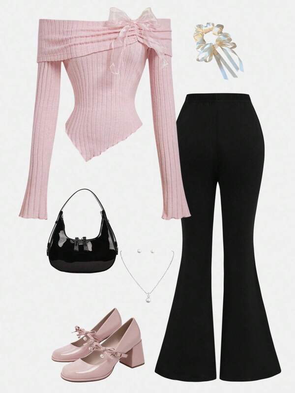 Girlism Set de 2 piezas de pantalones acampanados con decoración de lazo y bajo asimétrico para niñas preadolescentes, estilo casual de otoño