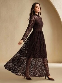 Anewsta 女士秋季立领长袖蕾丝优雅连衣裙，适合派对、婚礼 - 咖啡棕 - 查看 7
