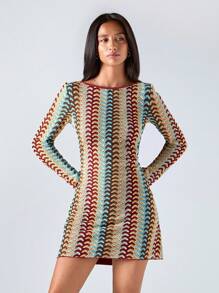 LYSMO Women's  Elegant Print Sexy Contrast Stripe Lace-Up Backless Mini Dress, Vacation Open Back Dress Crochet Dress Tie Back Dress Unique Dress Long Sleeve Dress 2025 New Arrive Minimalism Fall Women Business Casual Woman Partywear  Halloween Costumes - Multicolor - View 3