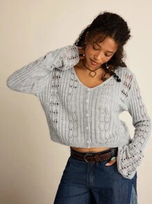 SHEIN VCAY Suéter holgado de manga larga con botones de moda casual y talla grande para mujeres - Gris - Ver 3