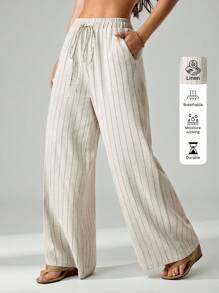 SHEIN PETITE Casual Extra Long Plain Wide Leg Pants For Women With Drawstring Waist And Apricot Finish Striped Linen Pants,Fall Clothes For Women Women Summer Pants Women Wide Leg Linen Pants