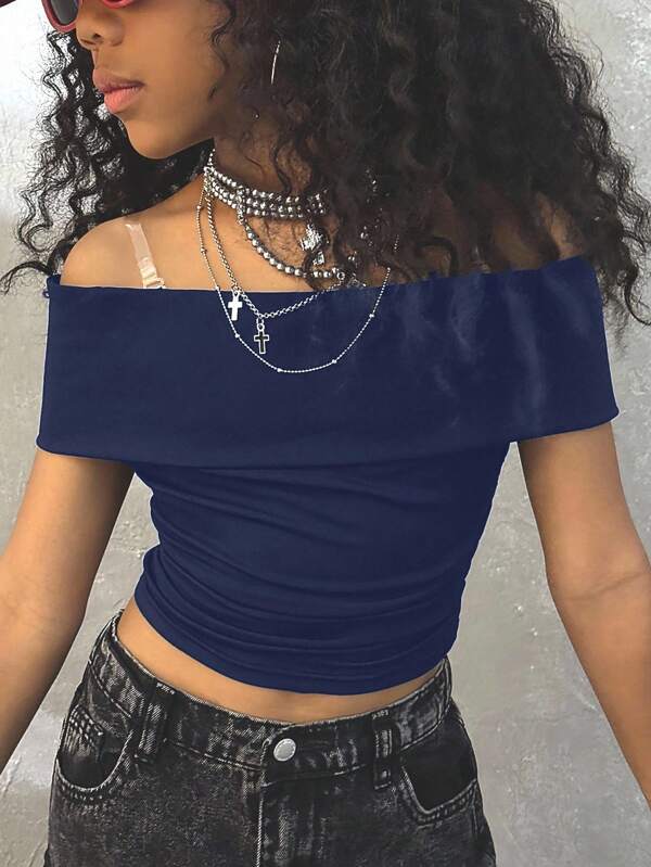 Coolane Camiseta cropped justa e de cor sólida para meninas adolescentes, verão, ombro de fora, volta às aulas, Y2K, moda urbana