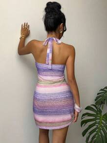 Aloruh New Vintage Striped Contrast Color Knit Dress, Basic Backless Bohemian Accessory Decor Mini Bodycon Dress, Petite Size Enhancing