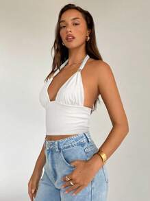 Aloruh Women's Sexy Solid Color Backless Halter Top, Summer - White - View 5