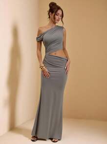 SHEIN BAE Đầm maxi nữ màu xám trơn, dệt kim, cổ áo bất đối xứng, khoét rỗng, xếp ly, gợi cảm, thanh lịch, dáng đuôi cá, thích hợp cho kỳ nghỉ/hẹn hò, đầm maxi đi biển, đầm dạ hội thanh lịch, đầm dự tiệc cưới, đầm maxi màu xám, thích hợp cho mùa tựu trường. - Xám - Xem 4