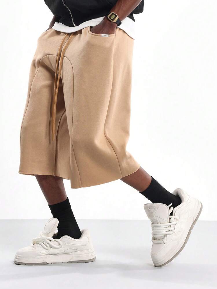 SUMWON Men Wide Leg Relaxed Fit Knee Length Skater Jorts With Front Pleat Design Drawstring Casual Summer Festival Streetwear Plain