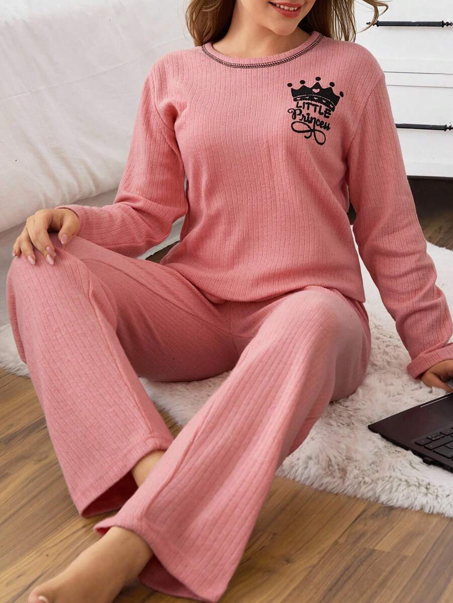 EURMUSE 女士棉质两件套撞色印花细节家居服长袖衬衫和裤子舒适休闲睡衣套装 - 珊瑚粉 - 查看 1