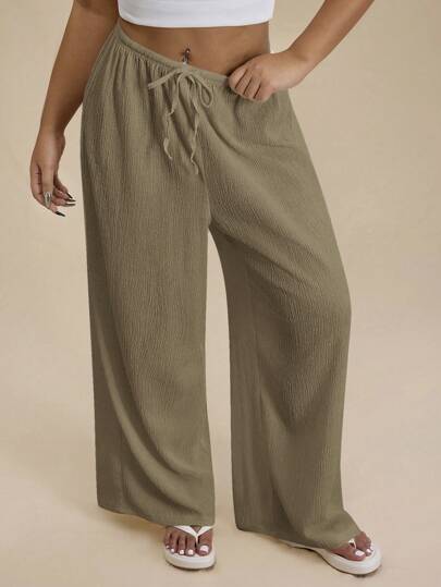 SHEIN Forever 21 Plus Size Women's Solid Color Tie Waist Wide Leg Loose Casual Pants