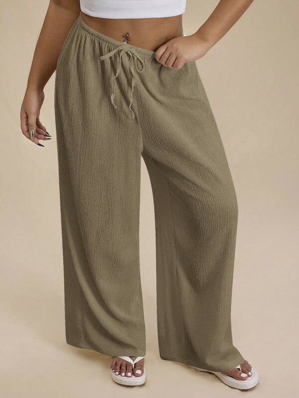 SHEIN Forever 21 Plus Size Women's Solid Color Tie Waist Wide Leg Loose Casual Pants