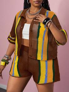 Slaydiva 春夏新款休闲沙滩度假风短袖衬衫带口袋短裤套装，彩色条纹钩编拼接，大码女款两件套针织服装 - 摩卡棕 - 查看 5