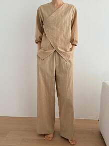 DAZY 女士简约纹理面料家居服套装睡衣 - 駝色 - 查看 4