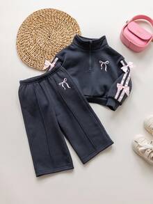 SHEIN Babygirl Cute Versatile Grey Bow Collar Sweatshirt Set, Autumn/Winter Autumn And Winter Two Piece Suit Toddler Girl Two Piece Sets Toddler Girl Tracksuit Girls Two Piece Set Girl Clothes Sets Fall