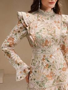 Anewsta Đầm maxi dài tay, thanh lịch kiểu Pháp lãng mạn, xếp ly eo, ren rỗng, in hoa dành cho nữ, thích hợp cho buổi hẹn hò lãng mạn ngày Valentine. - Nhiều màu - Xem 7