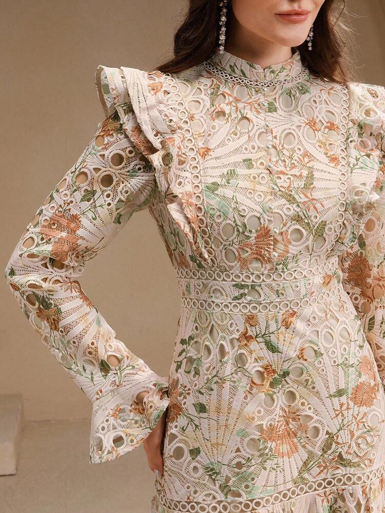 Women's Elegant Date Night French Romantic Long Sleeve Ruffle Waist Hollow Lace Floral Print Maxi Dress, Valentine's Day Romantic Floral