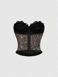 ROMWE Grunge Punk Y2K Leoprint Pailletten glänzendes kurzes Camisole-Top & Spitzenbesatz Super Mini Shorts 2-teiliges Set, für Musikfestivals, Partys, Clubs - Schwarz - Übersicht 7
