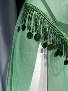 SHEIN 3 件套网眼性感串珠内衣套装：胸罩 + 丁字裤 + 高开衩长裙绿色内衣套装，外出 - 墨綠色 - 查看 7