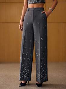 MOTF PREMIUM Pantalones de traje de pierna ancha con detalle de strass en la costura delantera, sin cinturón - Gris Oscuro - Ver 7